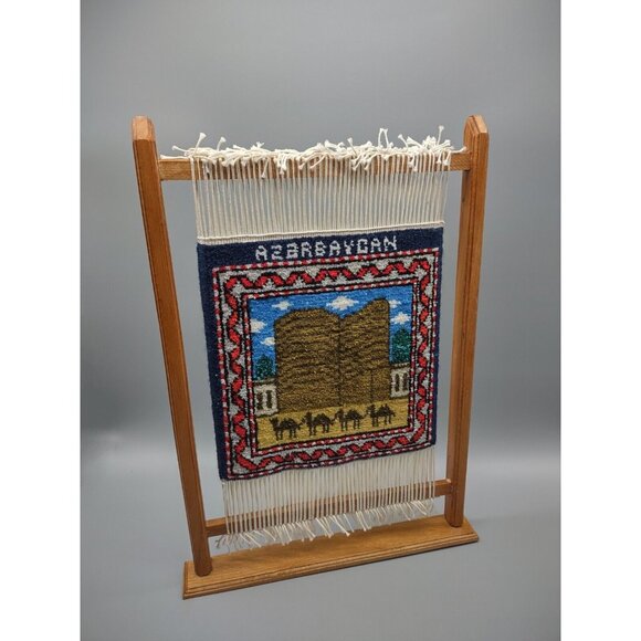 Vintage Handmade ‘Azerbaygan’ Turkish Mini Sample Carpet Rug Loom on Wood Frame